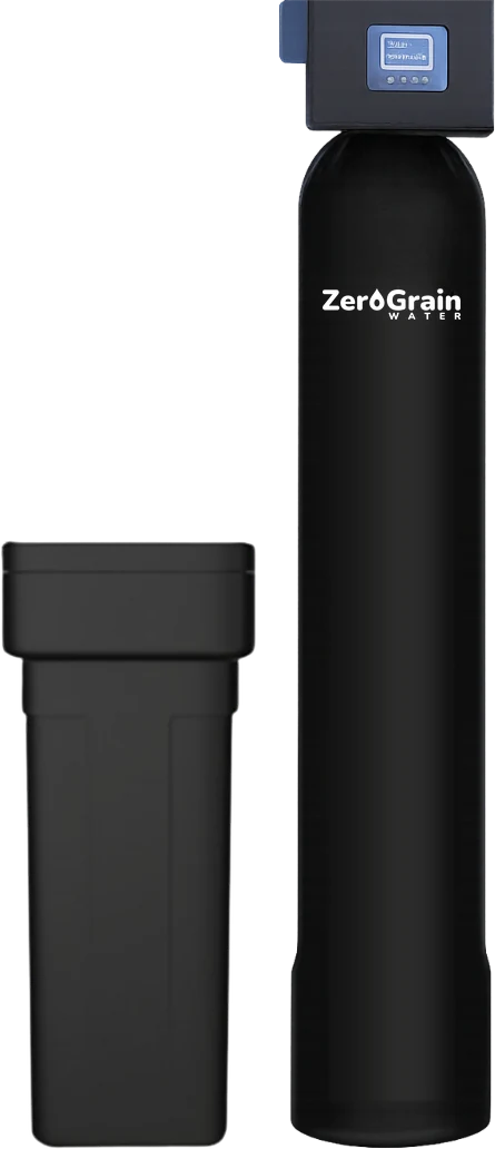 Rendering of a whole-home softener: slim black tank with a valve head and display, beside its black brine tank